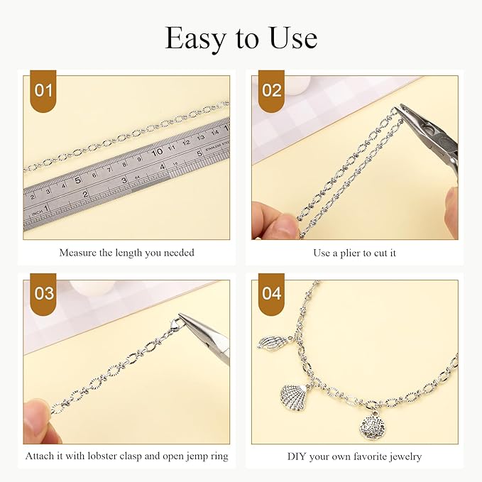Jabogrii 4 Meters Silver Stainless Steel Jewelry Making Chains Roll Embossed Oval Cable Chain Bulk for Jewelry Making with Lobster Clasps and Open Jump Rings
