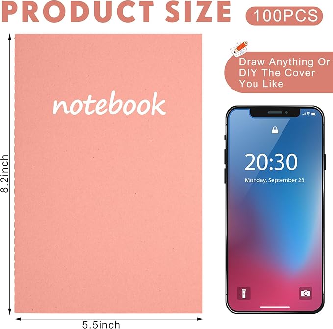 mimorou 100 pcs journals notebooks bulk - kraft softcover a5 small notebooks 5.5 inch x 8.3 inch notepads with 60 page 30 sheet for writing sketch travel office supplies(bright color,lined)