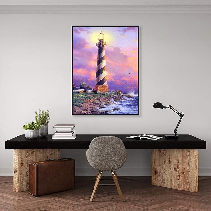 NAIMOER 5D Diamond Art Numbers Kits for Adults, DIY Full Drill Diamond Art Seaside Lighthouse Round Diamond Art Crystal Craft for Home Wall Decor Gift