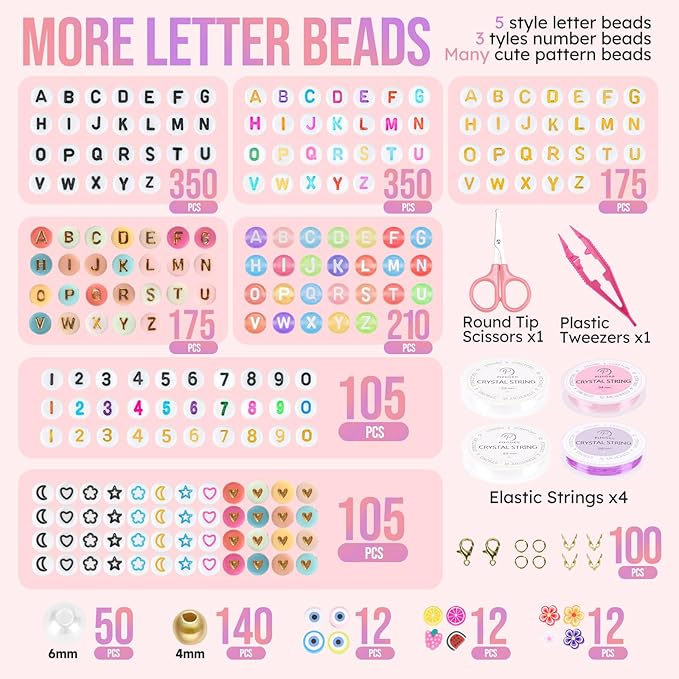 Pizooro Friendship Bracelet Kit with 96 Colors,13440 Clay Beads,1470 Letter Beads for Jewelry Making - 5 Styles of Round Alphabet, Number& Pattern Beads with 4 Elastic Strings, Crafts Gift for Teens