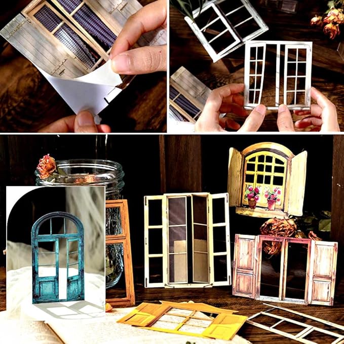 60pcs Textured Cardstock Hollowed Window Frame Stickers for Junk Journals Vintage Cutouts Scrapbook Stickers for Scrapbooking Supplies Clearance Pre-cuts for Journaling Collage Kit Pop-up