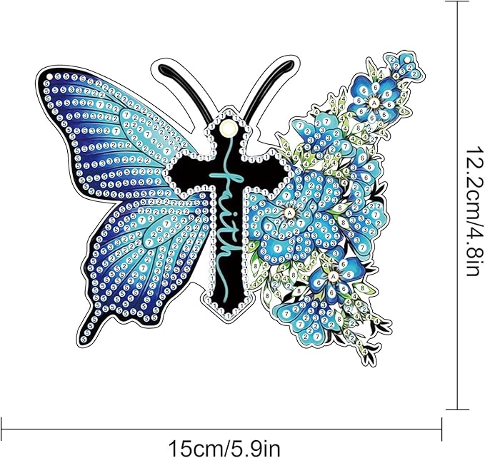 DIY 5D Diamond Painting Hanging Kit, Blue Butterfly Cross Faith Acrylic Pendant Ornament, Religious Special Shaped Diamond Art for Adults, Wall, Door, or Garden Decor Craft Gift