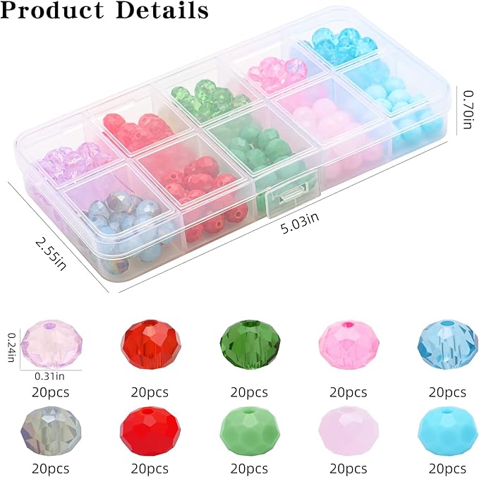 200pcs 8MM Faceted Rondelle Glass Beads for Jewelry Making, Briolette Crystal Glass Beads Plated Round Loose Spacer Beads for DIY Supplies Bracelets Necklaces Earrings (Christmas)