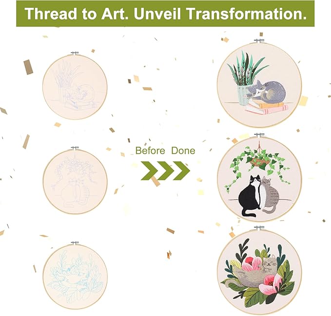 Santune 3 Pack Embroidery Kit for Beginners with Pattern, Cross Stitch Kits for Adults with Instructions,Needlepoint Kits for Adults Include 1 Embroidery Hoops,Color Threads and Needles(Cat)