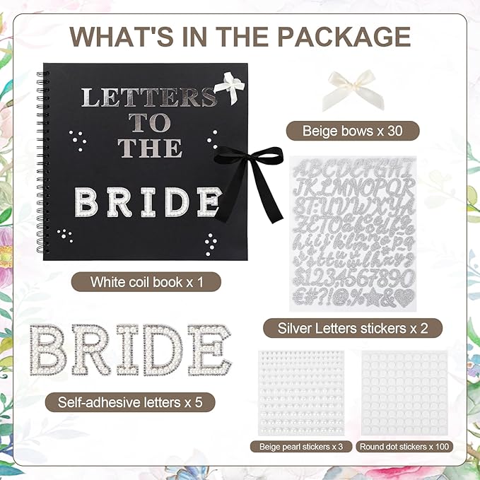 12 x 12 Inch Letters to The Bride Scrapbook Wedding Scrap Book Letters To The Bride Book Bridal DIY Blank Paper Scrapbook Photo Album with Pearl Stickers, Metallic Letters, Bows(Black)