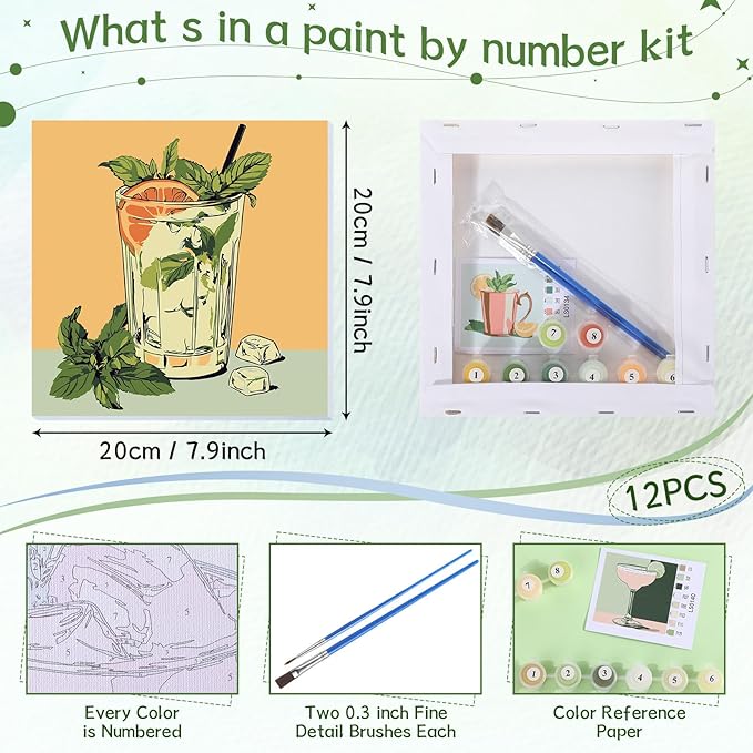 Nezyo 12 Sets Paint by Numbers Kit with Frame for Adult Beginners, Paint by Number DIY Acrylic Painting Canvas for Painting Party, Classroom Activity Birthday Gift, 8 x 8 Inch