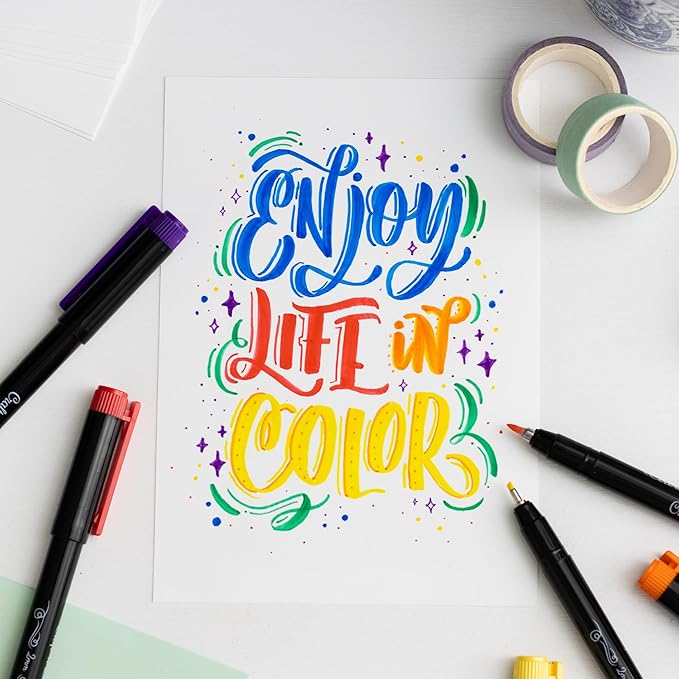 Craft 'n' Beyond Colored Calligraphy Brush Pens Waterproof Pack of 12 Markers for Hand Lettering, Art Drawing, Sketching, Scrapbooking, Writing, Journaling tip - Beginner Kit with Fadeproof Ink
