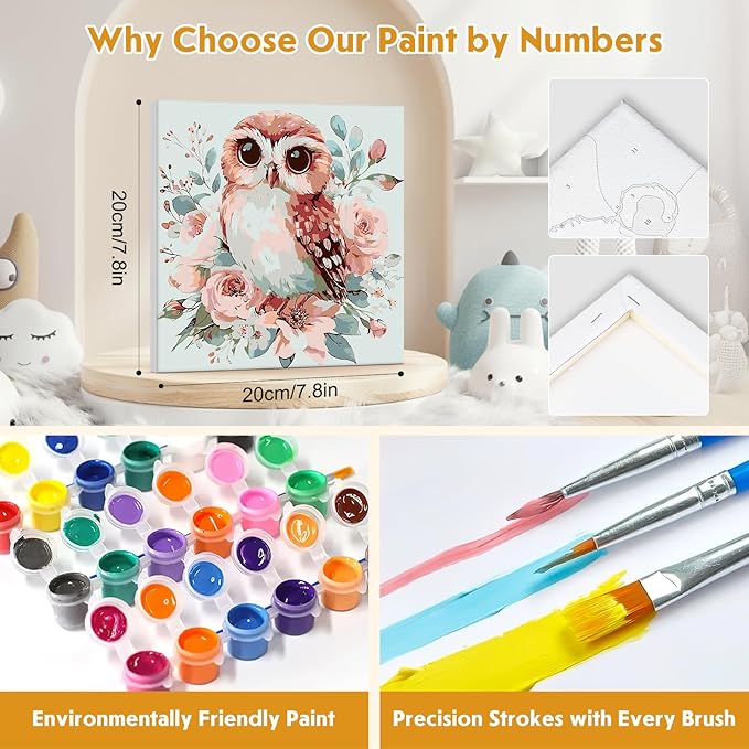 4 Pack Paint by Numbers Kit for Kids Beginner with Wooden Frame, Cute Giraffe, Owl, Fox, Hedgehog, Paint by Numbers Kit for Adults, Adorable Animal, DIY Painting Kits for Home Wall Decor 8x8 inch
