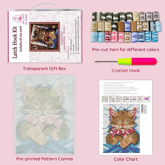 DL-YTG Latch Hook Kits Rug Cat Crochet Yarn Cushion Colour Pre-Printed Canvas Cover Rug Needlework DIY Hook and Latch Kit Home Decoration 20 X15inch
