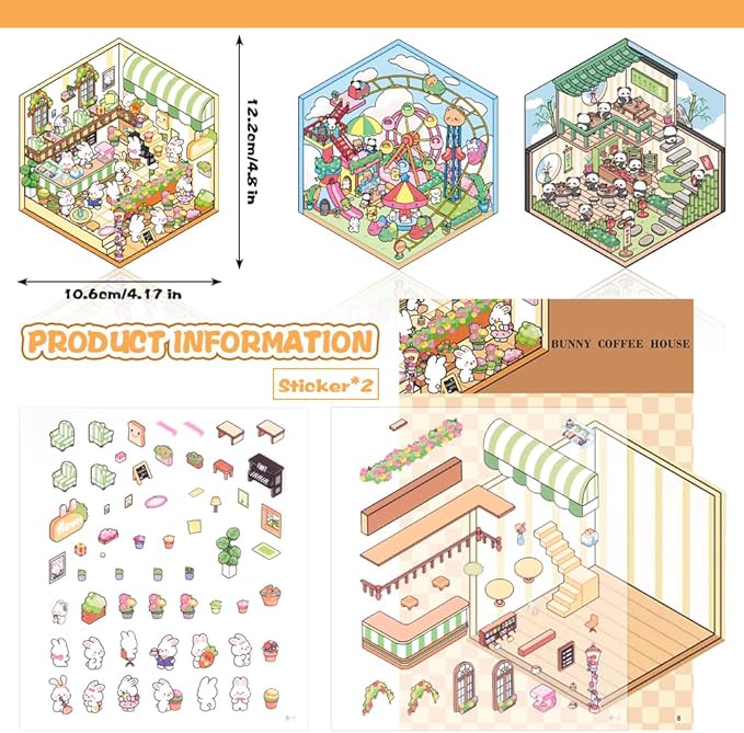 Scrapbooking Supplies Kit,DIY 3D Stickers Scene,3 Set Funny DIY Sticker Scenes,Make Your Own Cute 3D Miniature Room Scene Stickers for Adults Relief Stress Pass The Time.6-7-8