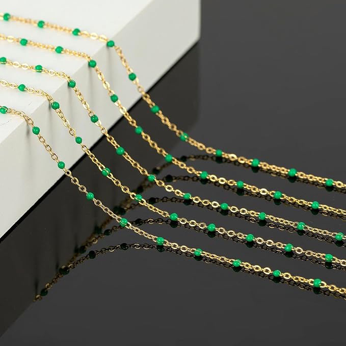 KYUNHOO 16.4 Feet Gold Plated Jewelry Chain Roll Stainless Steel Cable Chain Links Green Bead Rosary Chains with Jewelry Findings for Necklace Bracelet Making
