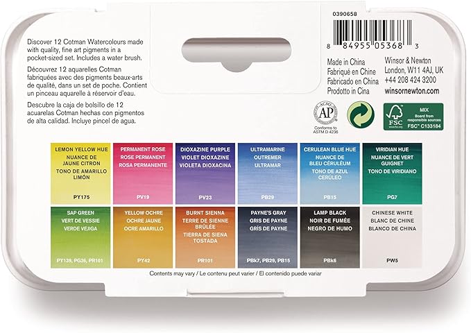Winsor & Newton Cotman Watercolor Paint Set, 12 Half Pan w/ Water Brush Pen and Mixing Palette