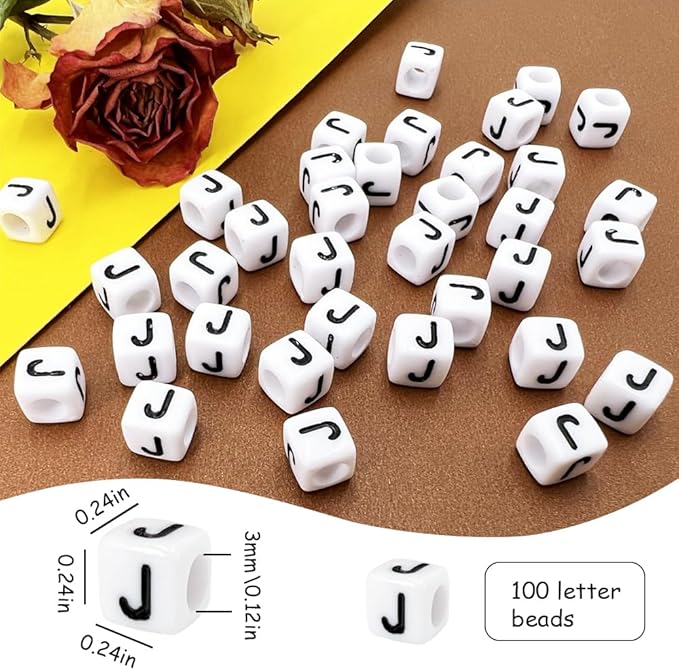 MIIIM 100pcs Pony Beads Letter J for Keychains Making, 6x6mm Large Hole Square Letter Beads for Bracelets Making, Alphabets, Numbers (White and Black)