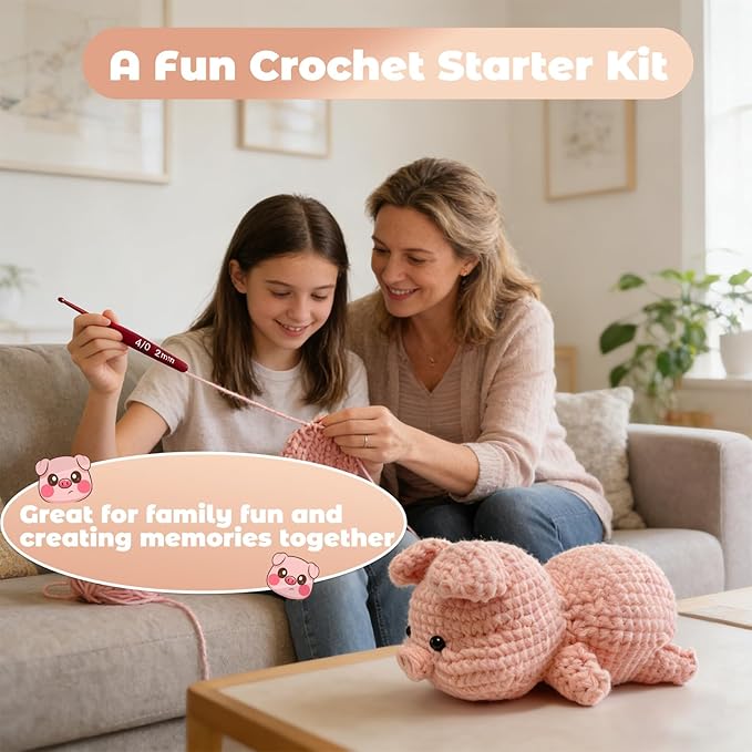 JueRum Pig Beginner Crochet Kits for Adult,Amigurumi Crochet Kit with Step-by-Step Video Tutorials, Learn to Crochet Pig Animals Knitting Kit for Adult