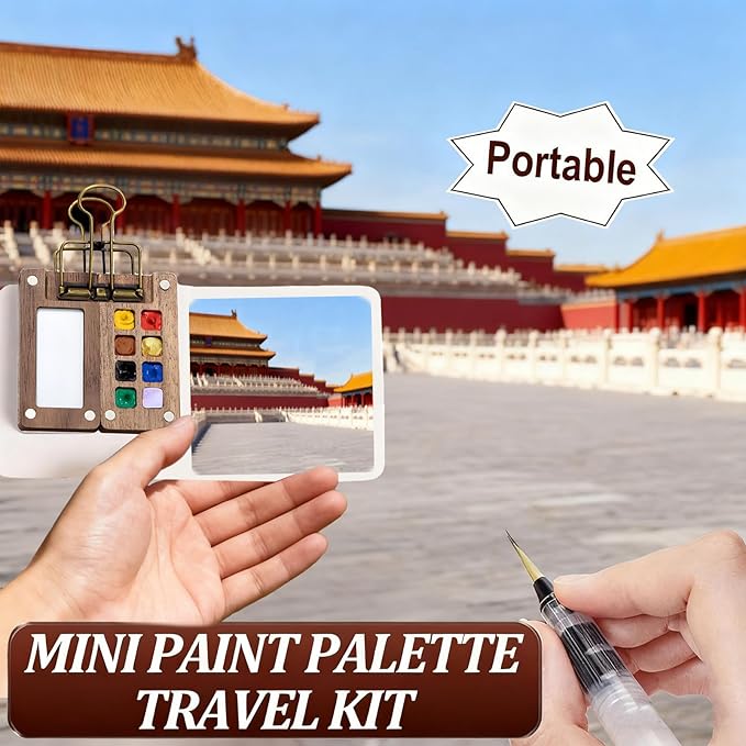 Mini Watercolor Paint Set Portable,Watercolor Palette, Travel Grid Paint Palette Box with Binder Clips Include 12 Colors Paint, Brush*3 and Picture Album Art Materials Coloring Markers (8 Grids)