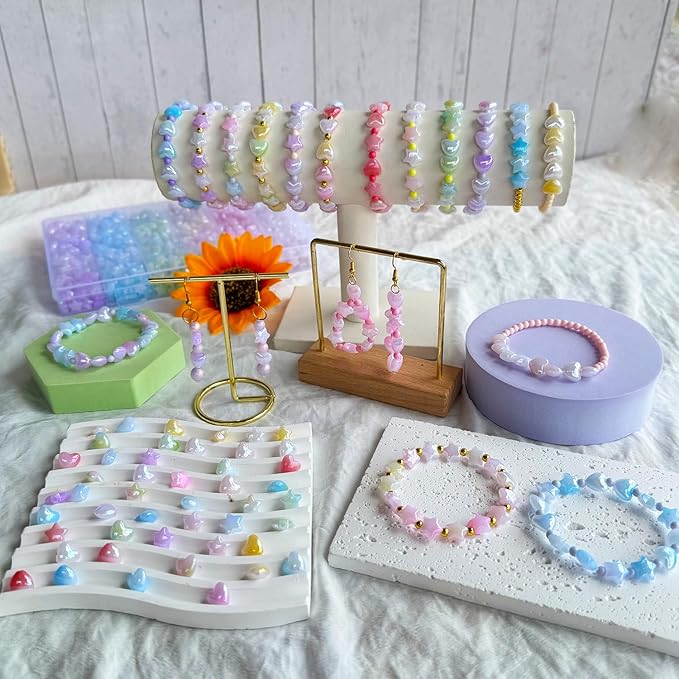 1000Pcs Acrylic Star Beads Hart Beads for Bracelet Jewelry Making, ABS Cute Acrylic Pastel Bead Colorful Assorted Aesthetic Rianbow Kawaii Bead Bulk for Bracelet DIY Craft Earring Phone Charm