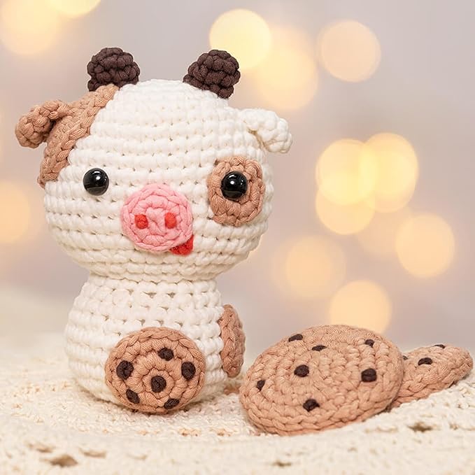 Mewaii Crochet Kit for Beginners Level 2 with 40% Extra Eco-Friendly Pre-Started Easy Yarn, Step-by-Step Video Tutorials for Adults and Kids (Cookie Cow)