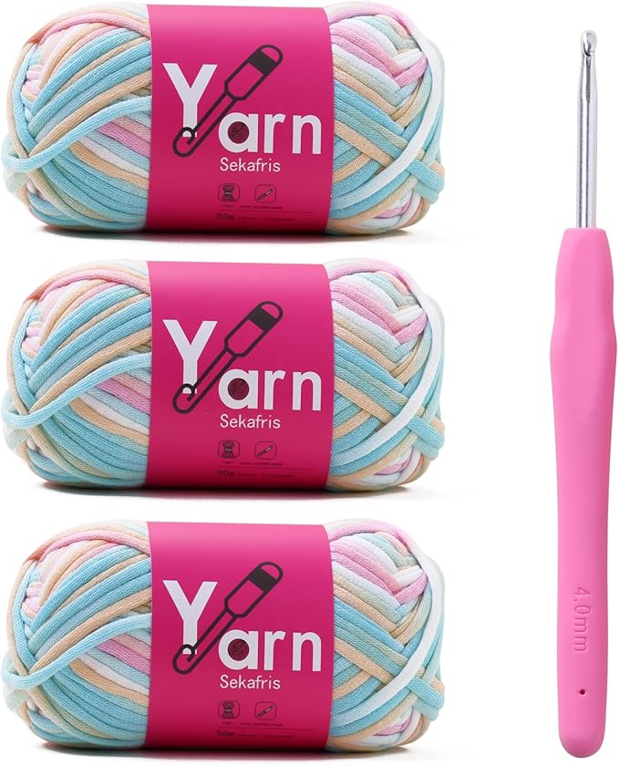 Crochet Yarn with Cotton Yarn for Crocheting - Crochet Knitting Yarn for Beginners with Easy-to-See Stitches - Yarn for Crocheting - Chunky Yarn -Cotton-Nylon Blend (Candy Color)