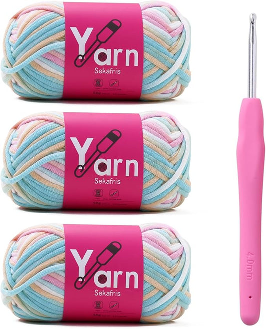 Crochet Yarn with Cotton Yarn for Crocheting - Crochet Knitting Yarn for Beginners with Easy-to-See Stitches - Yarn for Crocheting - Chunky Yarn -Cotton-Nylon Blend (Candy Color)