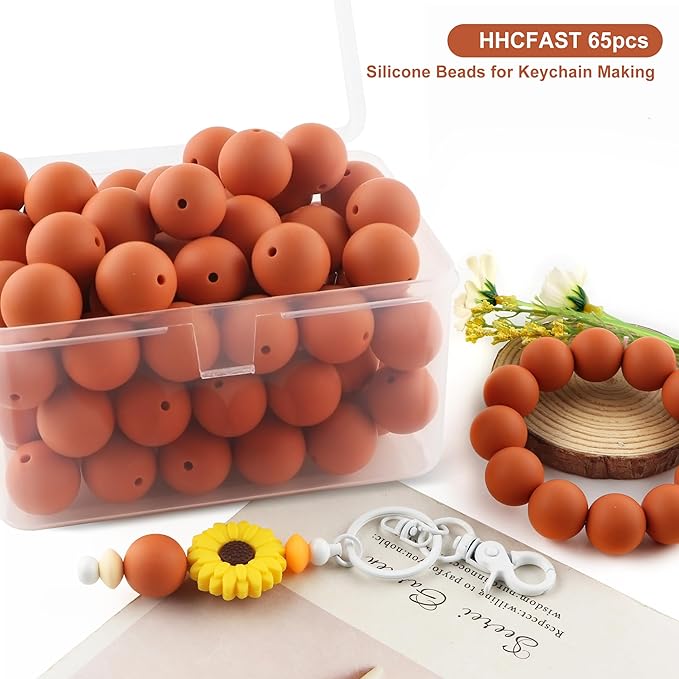65Pcs 19mm Silicone Beads for Keychain Making Bracelet Necklace, Bulk Round Silicone Beads for Pens(Rust Brown)