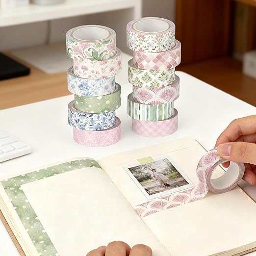 12 Rolls Watercolor Floral Washi Tape Set 15 mm Vintage Flower Decorative Masking Tape for Spring Arts DIY Craft Scrapbook Journal Supplies Gift Wrapping(Pink,Blue and Green,Garden)