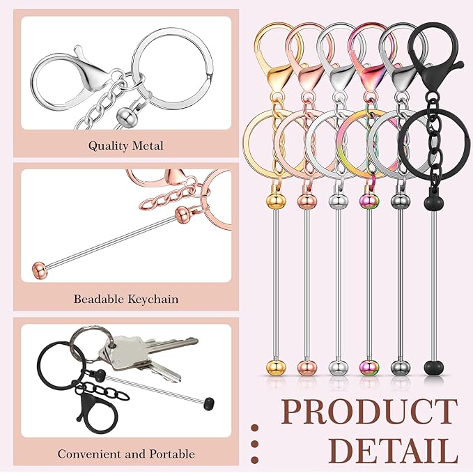 Tondiamo 24 Pcs Beadable Keychain Bars Bulk Beads for Keychain Making Kit Gifts for Women Men DIY Crafts(Classic Color)