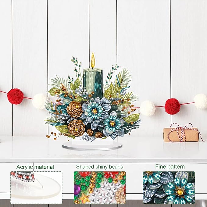 MVVMTOP Christmas Diamond Painting Kits Tabletop Decoration, DIY Candle & Flower, 5D Diamond Art Home Ornament By Number Mosaic Arts Crafts for Home Office Acrylic Tabletop Decor, New Year Gift