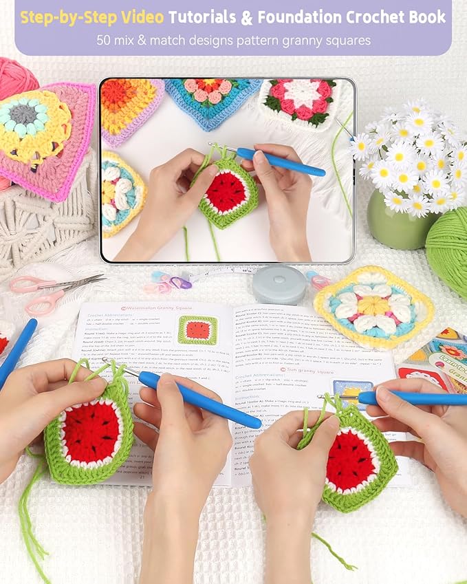 Katech Crochet Kit for Beginners, 50 Granny Squares Crochet Kits for Adults Beginner Learn to Crochets w/Step-by-Step Video Tuturials, Knitting Kit w/1378yds Yarn Granny Square Card Deck- 80% Cotton