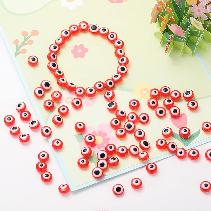 300pcs Red Evil Eye Beads for Jewelry Making, Lucky Beads 8mm Spacer Bead for DIY Bracelets Necklace Handicraft (Red)