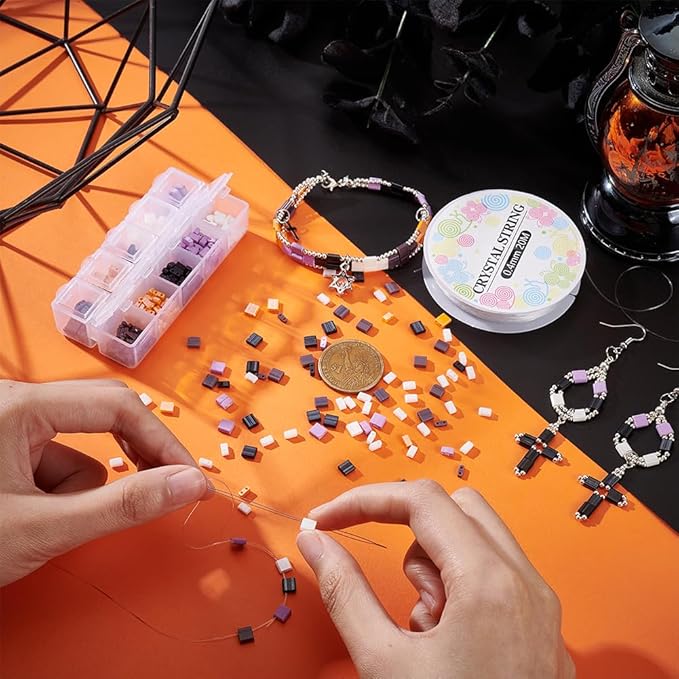 NBEADS About 500 Pcs Halloween Tile Bracelet Making Kit, Including Two Hole Glass Rectangle Beads, Big Eye Beading Needles, Elastic Thread for Bracelet Necklace Earring Jewelry Making