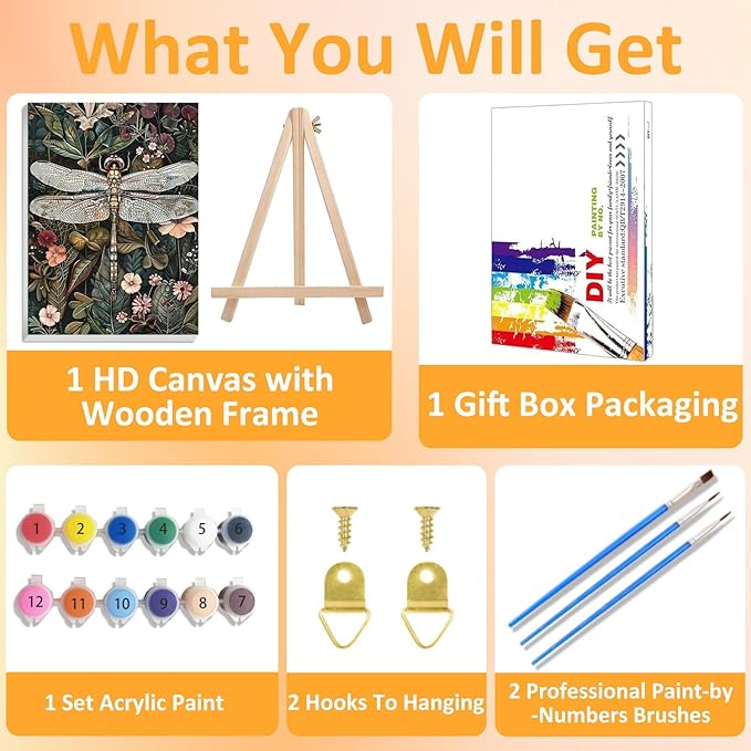Framed Paint by Numbers Kit for Adults with Wooden Easel, Dragonfly Paint by Numbers Kit for Adults, DIY Acrylic Oil Painting Kits with Brushes Gift Box for Home Wall Decor(16x20inch)