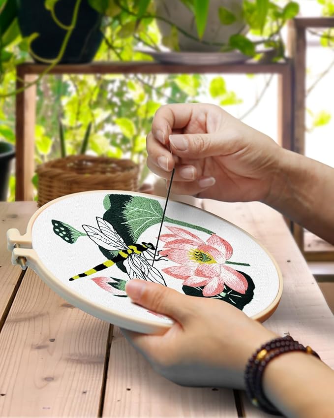 TINDTOP Embroidery Kit for Beginners Adult, Dragonfly Embroidery Kit for Beginners Include Embroidery Cloth Hoops Threads for Craft Lover Hand Stitch with Embroidery Skill Techniques (Dragonfly)