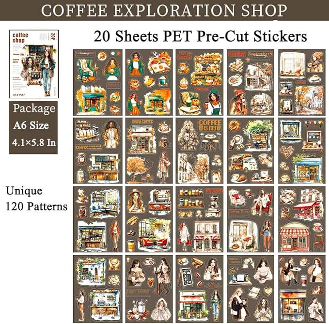 20 Sheets Coffee Sticker Book for Journaling, Fashion Colored Girl Sticker Book for Scrapbook Supplies, Pre-Cut Aesthetic Waterproof PET Translucent Stickers for Junk Jounal Bujo