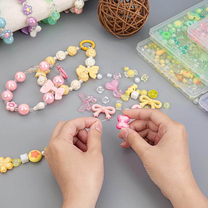 LAIDANLA Pink and Yellow Assorted Acrylic Beads for Bracelets Jewelry Making, Aesthetic Cute Beads Flower Star Heart Bow Butterfly Bear Candy Random Mix Beads for DIY Necklace Keychain 160g
