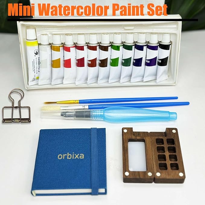 Orbixa Mini Watercolor Palette Paint Set–Travel Size,12 Color Paint with 8-Well black Walnut Palette,Mini Sketchbook travel watercolor set& pocket kit | Portable Watercolor Kit for Artists,Students&Beginners