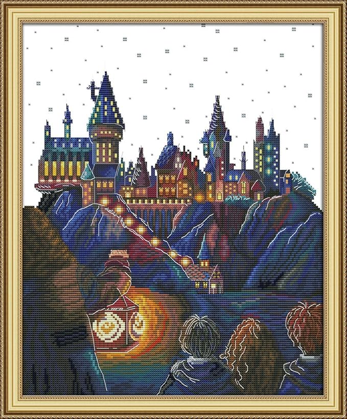 stitchmelody stamped cross stitch kits for adults,11ct printed pattern for beginners, dmc threads embroidery kit-magic castle 17.3''x20.8''
