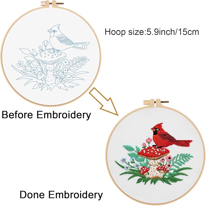 Louise Maelys Cardinal Mushroom Embroidery Kits for Beginners,Cross Stitch Kit for Adults,DIY Needlepoint with Flowers Pattern