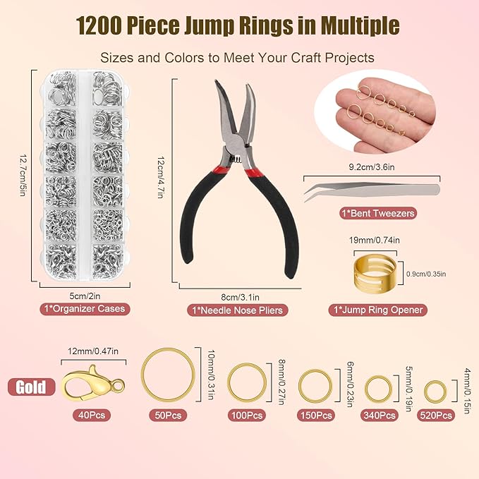 1200 Pcs Jump Rings, Jewelry Making Kit with Open/Close Tools, Pliers, Tweezers, Lobster Clasps, DIY Necklace Repair and Keychain Supplies (Silver)