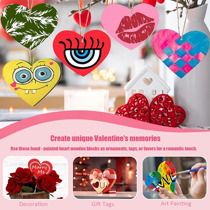 KITRDOOR Wooden Hearts for Crafts, 36pcs Valentine's Day Heart Ornaments Hanging Decorations, Unfinished Wood Heart Painting Craft Kit, DIY Valentines Crafts for Adults Classroom Gift (Pink)