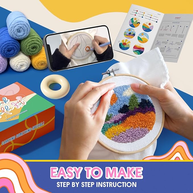 yuegool 6PCS Landscapes Punch Needle Coasters Kit,Easy DIY Punch Needle Embroidery Kit for Beginners & Adults Including Patterns, Tools, Yarns, Hoop, Instruction, Coaster Holder Art Craft Supplies
