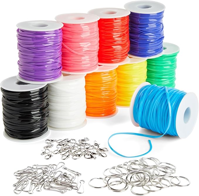 Bright Creations Plastic Lanyard String Kit - Boondoggle String & Gimp Cord - Keychain & Bracelet Making Kit - 10 Spools, 40 Yd Each, 10 Colors, Twisted