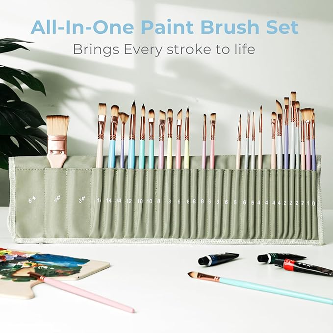 Nicpro 30pcs Paint Brush Set, Aesthetic Pastel Paintbrushes with Paint Spatula and Cloth Roll, Craft Paint Brushes for Acrylic Painting Oil Watercolor Gouache, Art Supplies for Women Artists Beginners