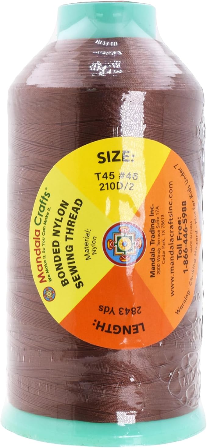 Mandala Crafts Size 46 210D T45 Bonded Nylon Thread - Brown 2843 YDs Tex 45 Heavy Duty Sewing Threads for Leather, Jeans, Weaving, Outdoor Marine Upholstery