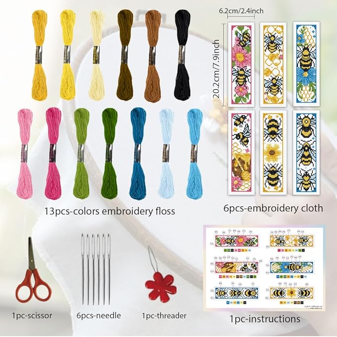 ORIGACH 6 Set Bees Cross Stitch Bookmark Kit for Beginner with Backing Felt Floss Instructions DIY Stamped Embroidery Bookmark Kit for Adults, Book Lovers
