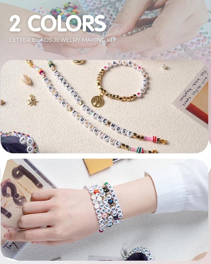 L'EclatDina 2 Box Set Letter Beads, Alphabet Beads for Bracelets, 1900+ PCS Round Number & Heart, 5m Elastic String Jewelry Making Kit, Ideal for Friendship Bracelets (Black+Gold)