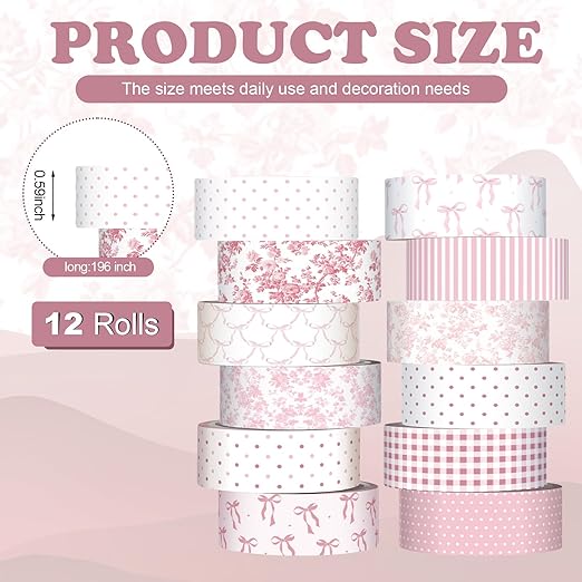 12 Rolls Watercolor Floral Washi Tape Set 15 mm Vintage Flower Decorative Masking Tape for Spring Arts DIY Craft Scrapbook Journal Supplies Gift Wrapping(Pink,Bows)