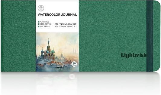 Lightwish Watercolor Journal, 100% Cotton Hot Press Watercolor Paper Sketchbook 9.25” x 3.93”, 20 Sheets (140lb/300gsm), Acid-Free for Watercolors, Gouache, Acrylics