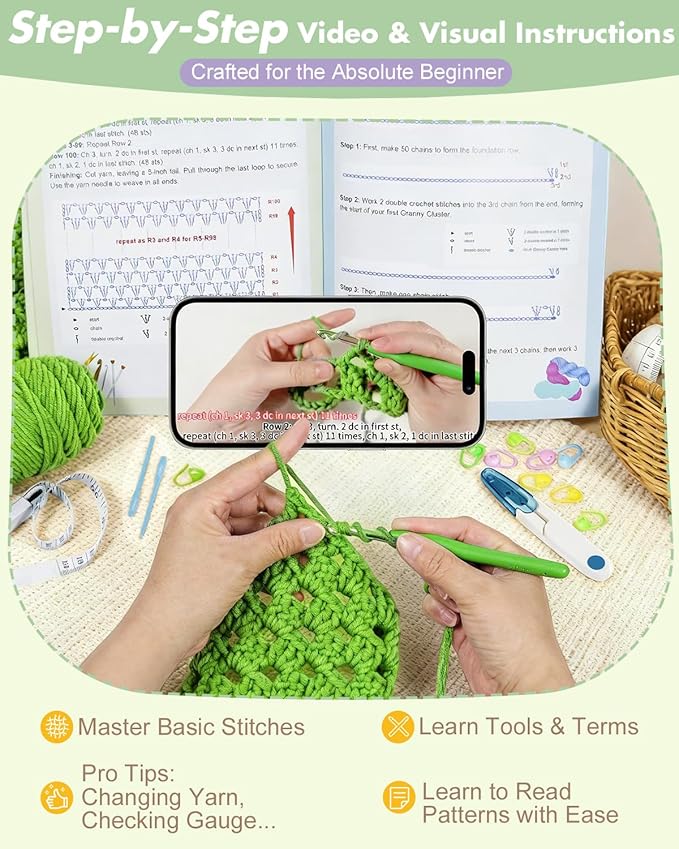 Arborthread Crochet Kit for Beginners, Easy Pocket Shawl & Scarf Crochet Kit for Adults w/Ample Premium Yarn to Fit Different Sizes, Step-by-Step Video & Instructions, Green