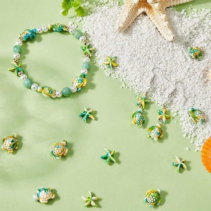 SUNNYCLUE 100PCS 2 Styles Green Turquoise Turtle Beads Starfish Beads Summer Hawaii Ocean Animal Sea Life Lucky Gemstone Loose Spacer Beads Bulk for Jewelry Making Beading Kit Bracelets Craft Supply