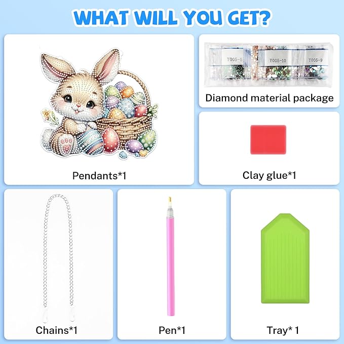 Bowetile Easter Hanging Diamond Art Kits for Adults Kids, 5D Special Shape Diamond Painting Rabbit Kits, Easter Diamond Gem Art Suncatchers Painting Pendant Home Decor, Gifts for Kids